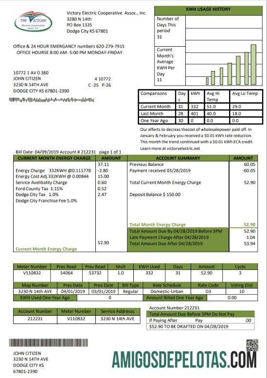 realista Modelo de conta de serviço público elétrico EUA Kansas Victory em formato Word e PDF